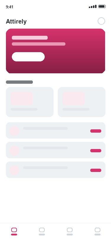 Attirely app — home screen with the shoppable catalogue and member banner