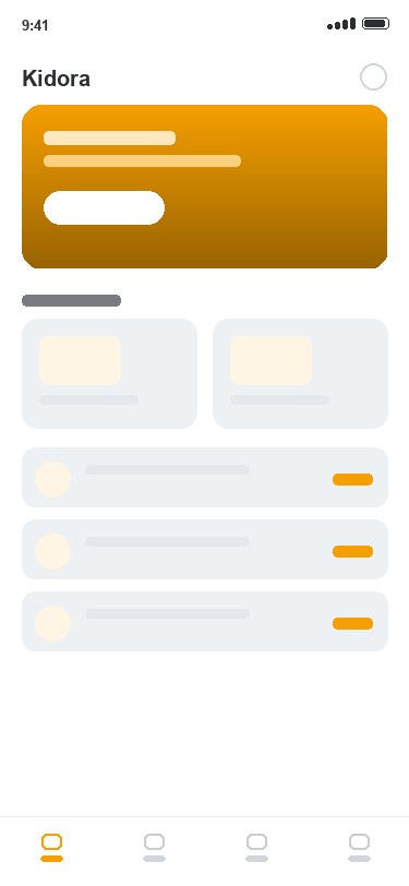 Kidora app — home screen with today’s update and the child’s day at a glance
